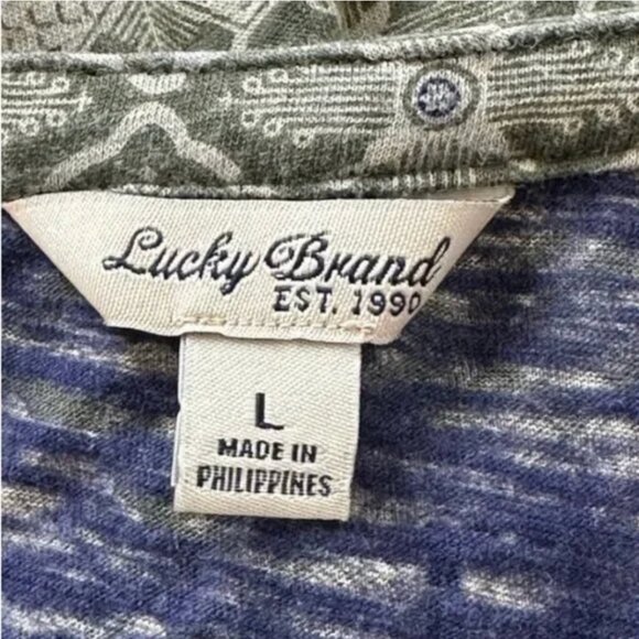 Lucky Brand Boho Print Split Neck Popover Blue and Olive Long Sleeve Size Large - Picture 6 of 8